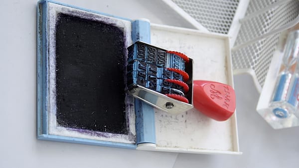 An office date stamp resting beside its ink pad on a wooden desk