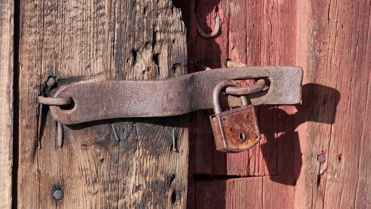 A heavy padlock hanging from the door of an old timber storehouse in daylight