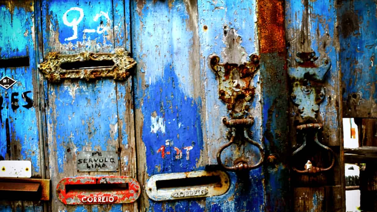A row of brass mail slots set into a wall, each one with its own narrow opening